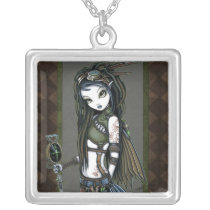 cloud, burst, fairy, aviatrix, aviator, staff, radar, wing, scramjet, rocket, dreadlocks, goggles, steampunk, tribal, fusion, bustle, brass, faery, fae, faerie, fantasy, big, eyed, green, olive, gold, art, myka, jelina, elves, Necklace with custom graphic design