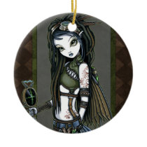 cloud, burst, fairy, aviatrix, aviator, staff, radar, wing, scramjet, rocket, dreadlocks, goggles, steampunk, tribal, fusion, bustle, brass, faery, fae, faerie, fantasy, big, eyed, green, olive, gold, art, myka, jelina, elves, Ornament with custom graphic design