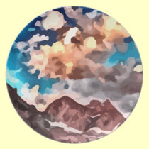 cloudy day mountain peak painting. plates