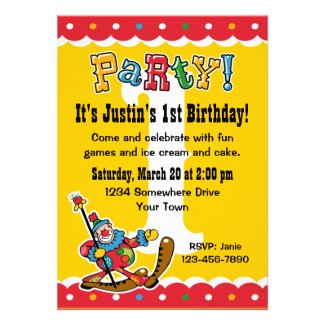 Clown Around 1st Birthday Party Invitations