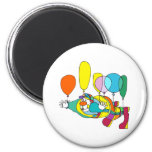 Clown flying by balloon fridge magnet