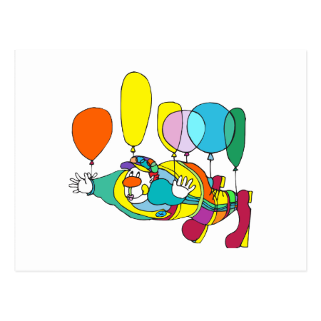 Clown flying by balloon postcards