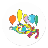 Clown flying by balloon round sticker