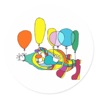 Clown flying by balloon round sticker