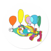 Clown flying by balloon round sticker