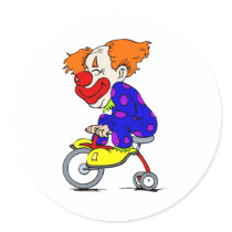 Clown on tricycle round sticker