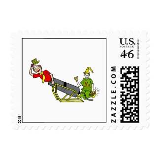 Clown shooting out of a canon stamp