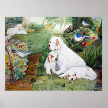 Clumber Puppies in the Garden, Watercolor Reproduc Print