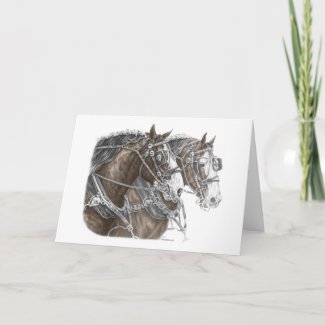 Pencil art of Clydesdale Draft Horse Team in Harness on cards