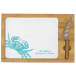 Coastal Kitchen Aqua Crab Woodblock Print Rectangular Cheeseboard
