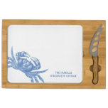 Coastal Kitchen Nautical Blue Crab Woodblock Print Rectangular Cheese Board