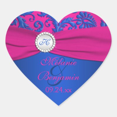 Cobalt and Fuchsia Damask Heart Shaped Sticker