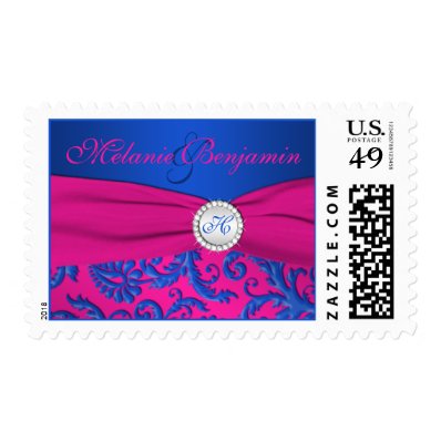 Cobalt and Fuchsia Damask Monogram Postage