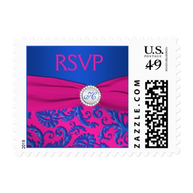 Cobalt and Fuchsia Damask Monogram RSVP Postage
