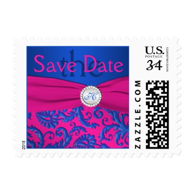 Cobalt and Fuchsia Damask Save the Date Postage