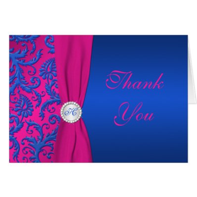 Cobalt and Fuchsia Damask Thank You Note Card Cards