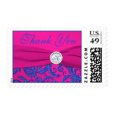 Cobalt and Fuchsia Damask Thank You Postage