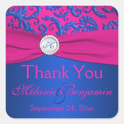 Cobalt and Fuchsia Damask Wedding Favor Sticker