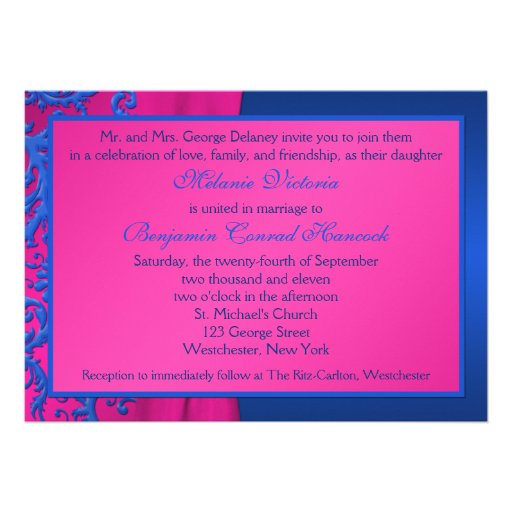 Cobalt and Fuchsia Damask Wedding Invitation