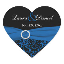 Cobalt Blue and Black Damask 1.5" Heart Sticker