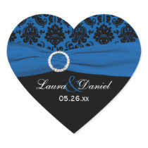 Cobalt Blue and Black Damask 1.5" Heart Sticker