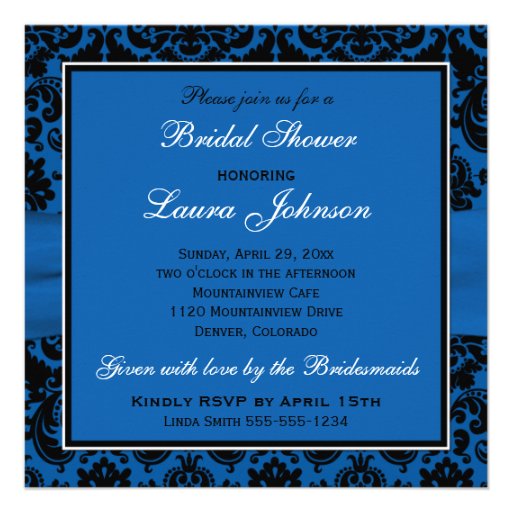 Cobalt Blue and Black Damask Bridal Shower Invite