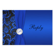 Cobalt Blue and Black Damask RSVP Card Custom Invitation