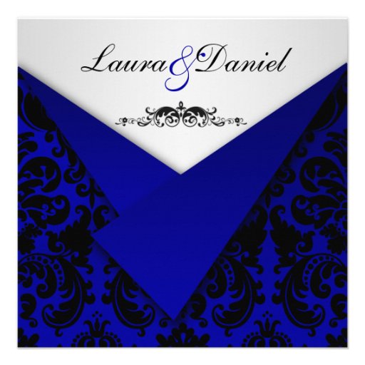 Cobalt Blue and Black Damask Wedding Invitation