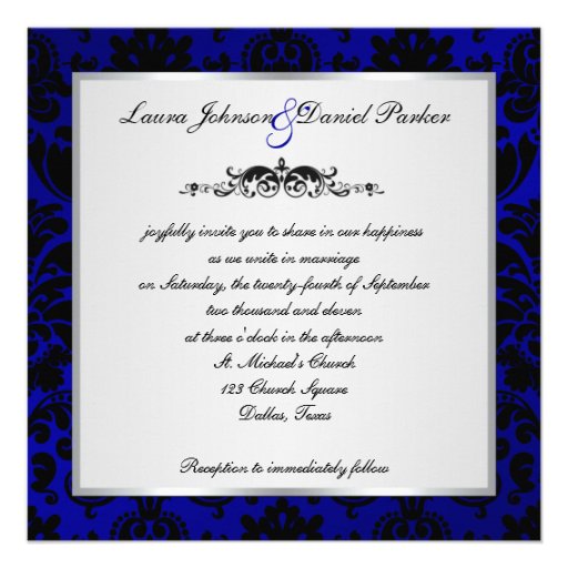 Cobalt Blue and Black Damask Wedding Invitation