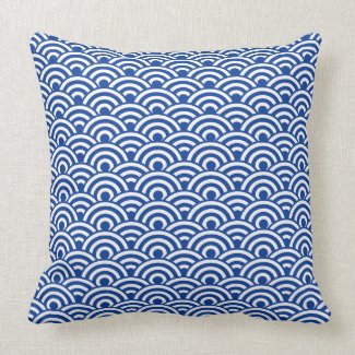 Cobalt Blue White Japanese Wave Pattern Throw Pillow