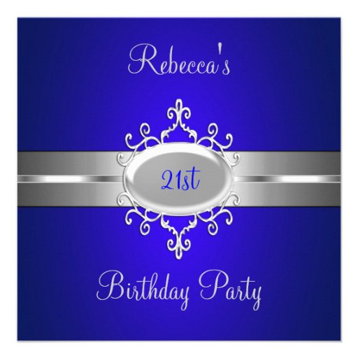 Cobalt Silver Jewel 21st Elegant Birthday Party Custom Announcement (front side)