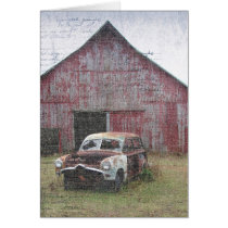 Coche viejo y granero viejo, cumpleaños tarjetas