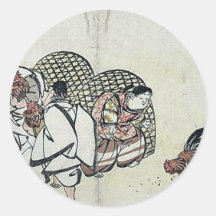 Cockfight by Taki, Katei Ukiyoe Round Sticker