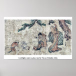 Cockfight under a pine tree by Teisai, Hokuba Ukiy Print