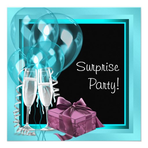 Cocktail Balloon Teal Blue Surprise Birthday Party Custom Invite