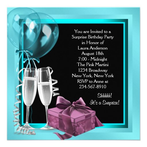 Cocktail Balloon Teal Blue Surprise Birthday Party Custom Invite