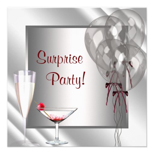 Cocktail Balloons Red Surprise Birthday Party Custom Announcement (front side)