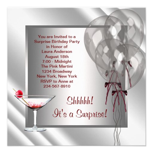 Cocktail Balloons Red Surprise Birthday Party Custom Announcement