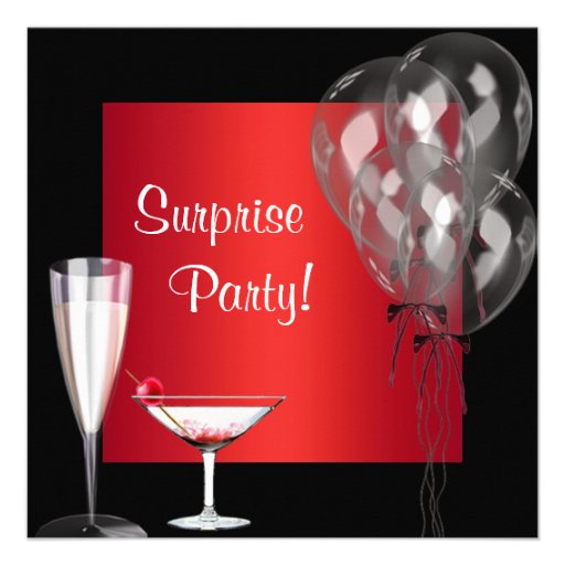 Cocktail Balloons Red Surprise Birthday Party Announcements (front side)