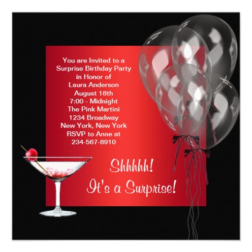 Cocktail Balloons Red Surprise Birthday Party Announcements