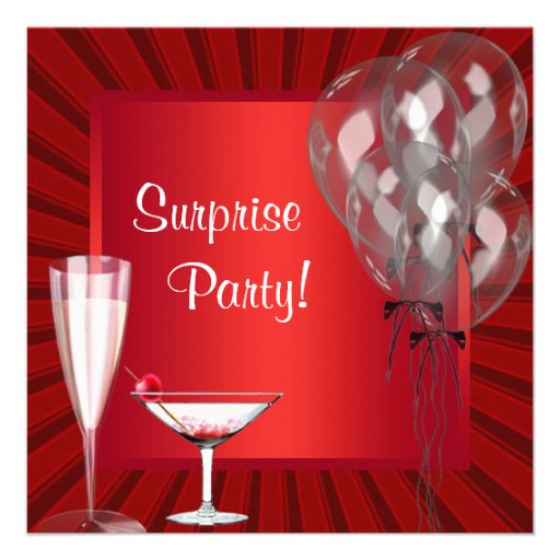 Cocktail Balloons Red Surprise Birthday Party Custom Invites