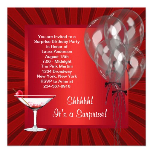 Cocktail Balloons Red Surprise Birthday Party Custom Invites
