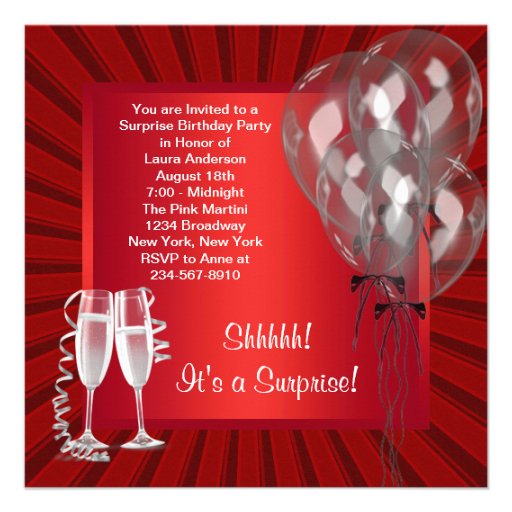 Cocktail Balloons Red Surprise Birthday Party Personalized Invite