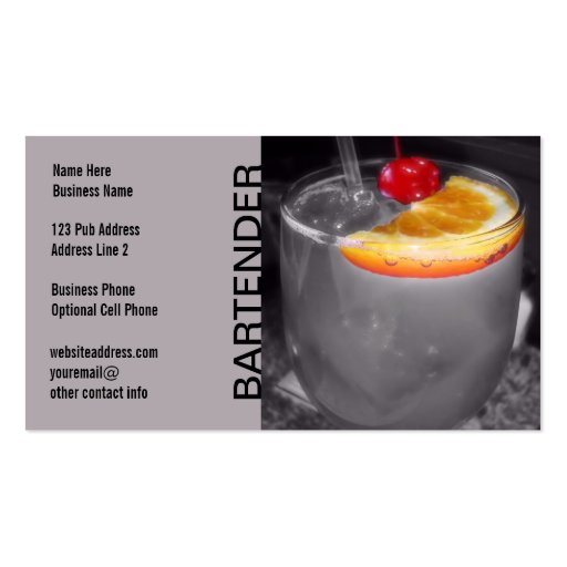 Cocktail Drink Photo Pub Bar or Bartender Gray Business Card (front side)