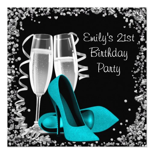 Cocktails High Heels Black Teal 21st Birthday Custom Invites