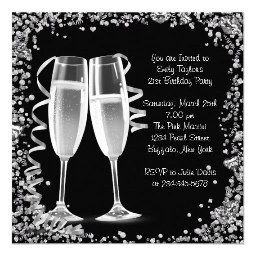 Cocktails High Heels Black Teal 21st Birthday Custom Invites