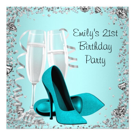 Cocktails High Heels Teal 21st Birthday Party Personalized Invitation (front side)