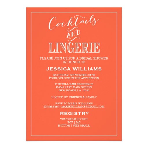 Cocktails & Lingerie Shower Invitations | Coral (front side)
