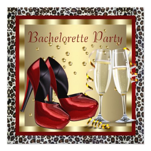 Cocktails Red High Heel Shoes Leopard Bachelorette Personalized Invitations