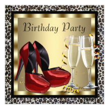 Cocktails Red High Heel Shoes Leopard Birthday Personalized Invites